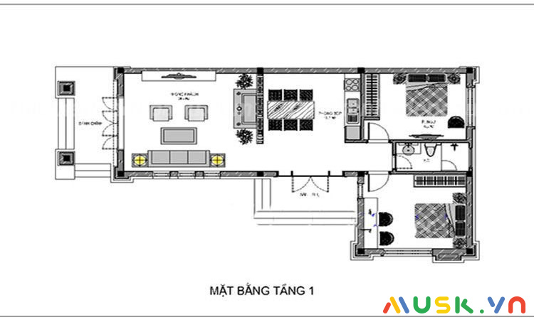 Bảng vẽ thiết kế ngôi nhà cấp 4 chữ L mái thái 2 phòng ngủ