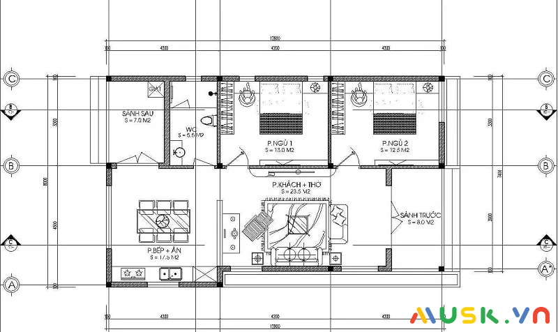 Bản vẽ chi tiết mẫu thiết kế nhà cấp 4 2 phòng ngủ