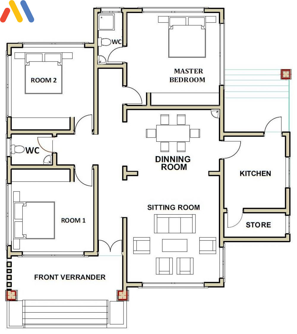 Bản vẽ mẫu nhà cấp 4 có 3 phòng ngủ hiện đại