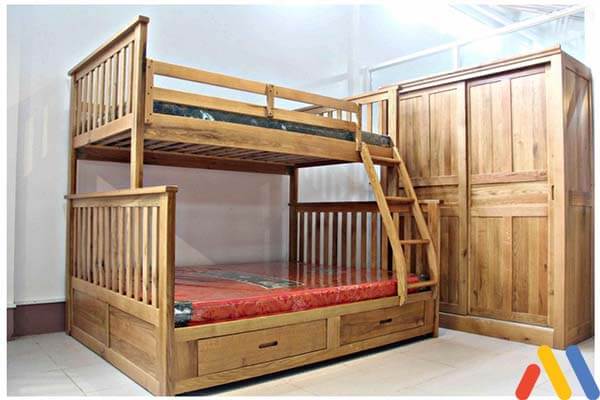 Mẫu giường ngủ 2 tầng gỗ sồi Mỹ có thiết kế tầng trên nhỏ hơn tầng dưới