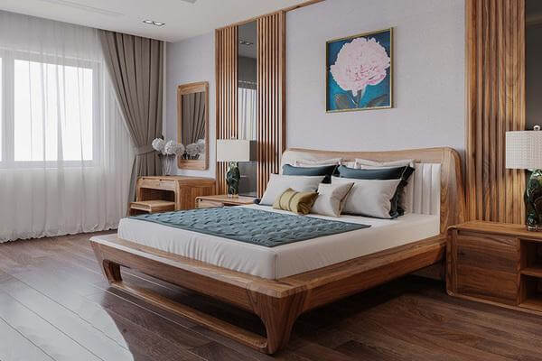 biệt thự 1 tầng 3 phòng ngủ nên chọn những mẫu đầu giường bằng gỗ sẽ tốt hơn bằng đồng