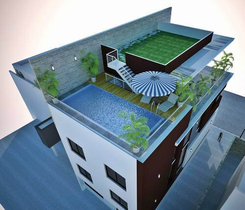 Biệt thự 3 tầng có bể bơi thiết kế hình chữ nhật trên sân thượng