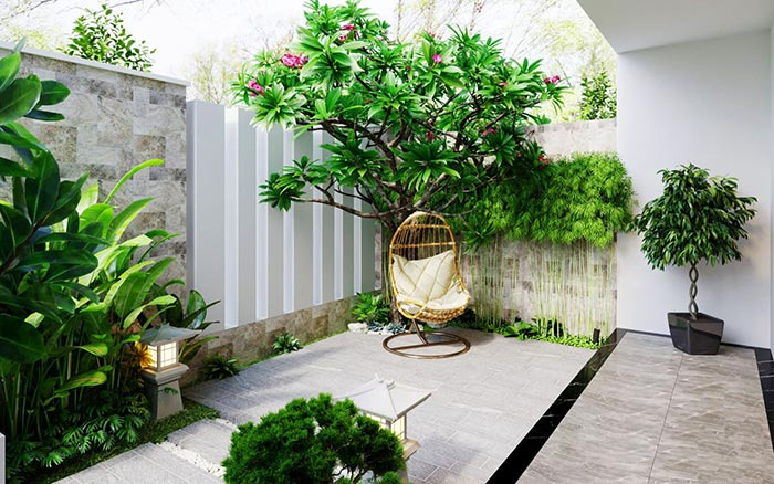 Trong thiết kế biệt thự mini kiểu pháp sân vườn và cây cảnh đem lại không khí trong lành