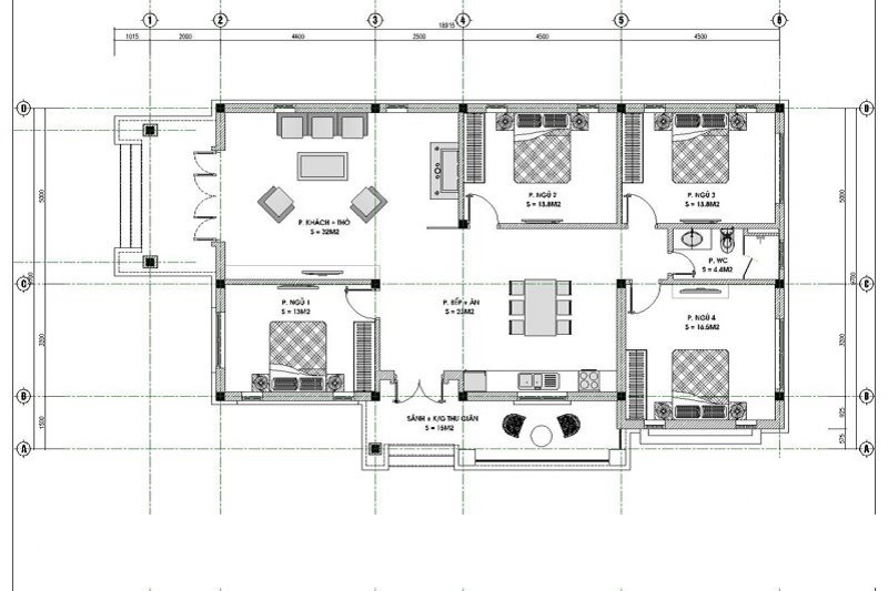 Bản vẽ thiết kế mẫu biệt thự 1 tầng 4 phòng ngủ đầy đủ công năng