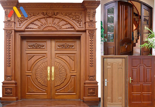 Mẫu cửa gỗ 2 cánh cửa chính có hoa văn phù hợp với không gian, bối cảnh đặt.