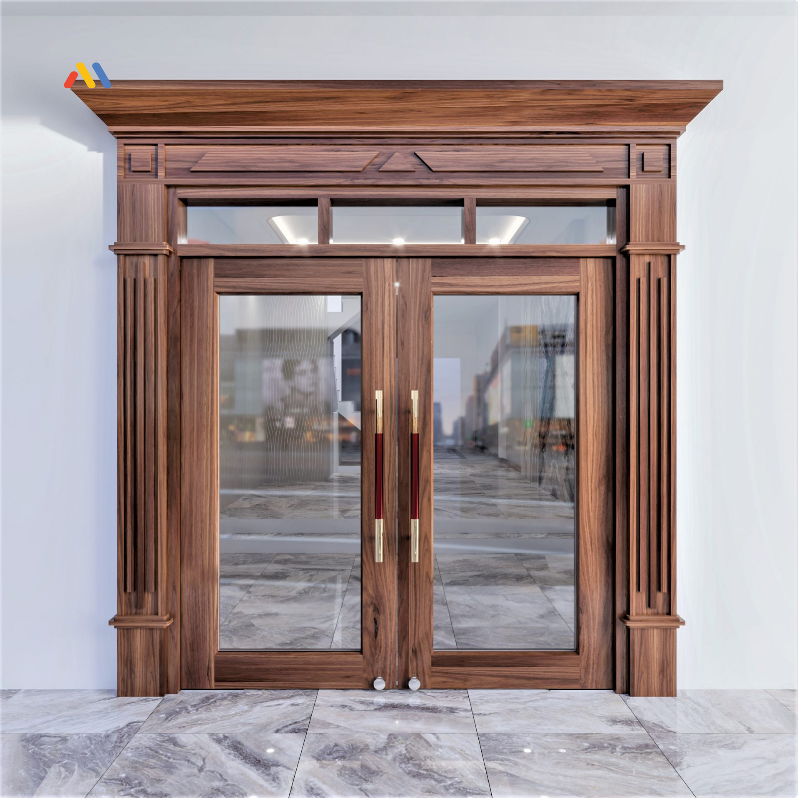 Mẫu cửa sắt giả gỗ 2 cánh mặt kính dành cho nhà hàng, hội nghị