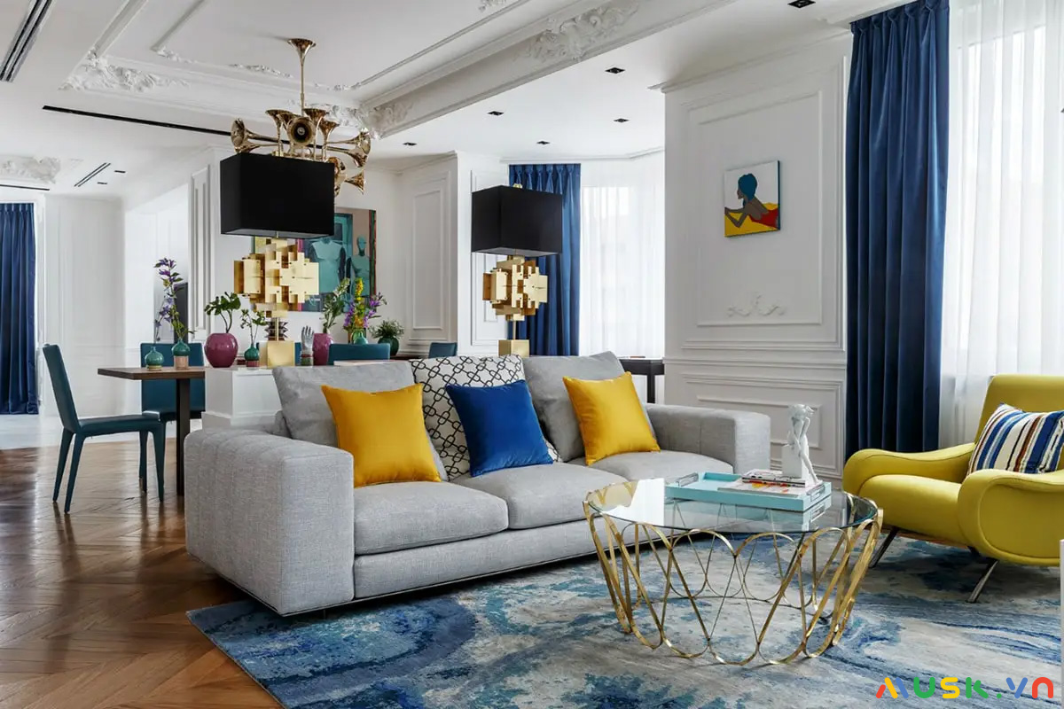 Phòng khách phong cách Maverick với tông màu xanh vàng chủ đạo, mang hơi hướng Địa Trung Hải