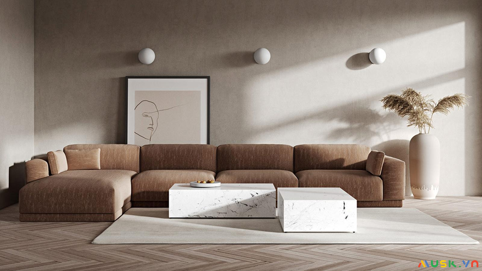 Mẫu phòng khách phong cách nội thất minimalist tone nâu nhạt