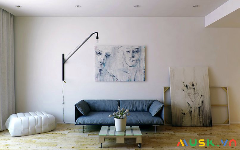 Mẫu phòng khách phong cách nội thất minimalist tone trắng kết hợp nội thất xanh