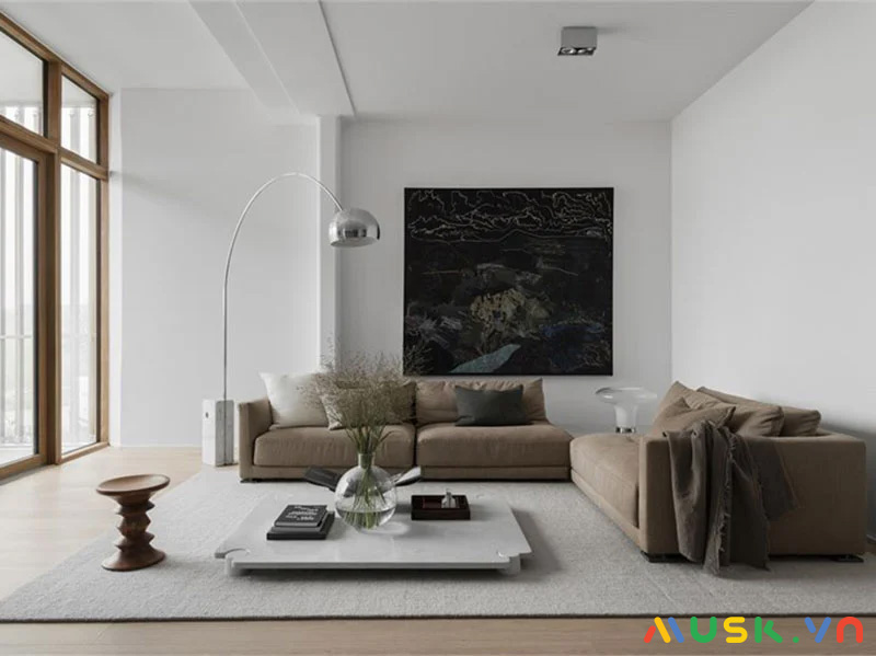 Mẫu phòng khách phong cách nội thất minimalist tone trắng nâu