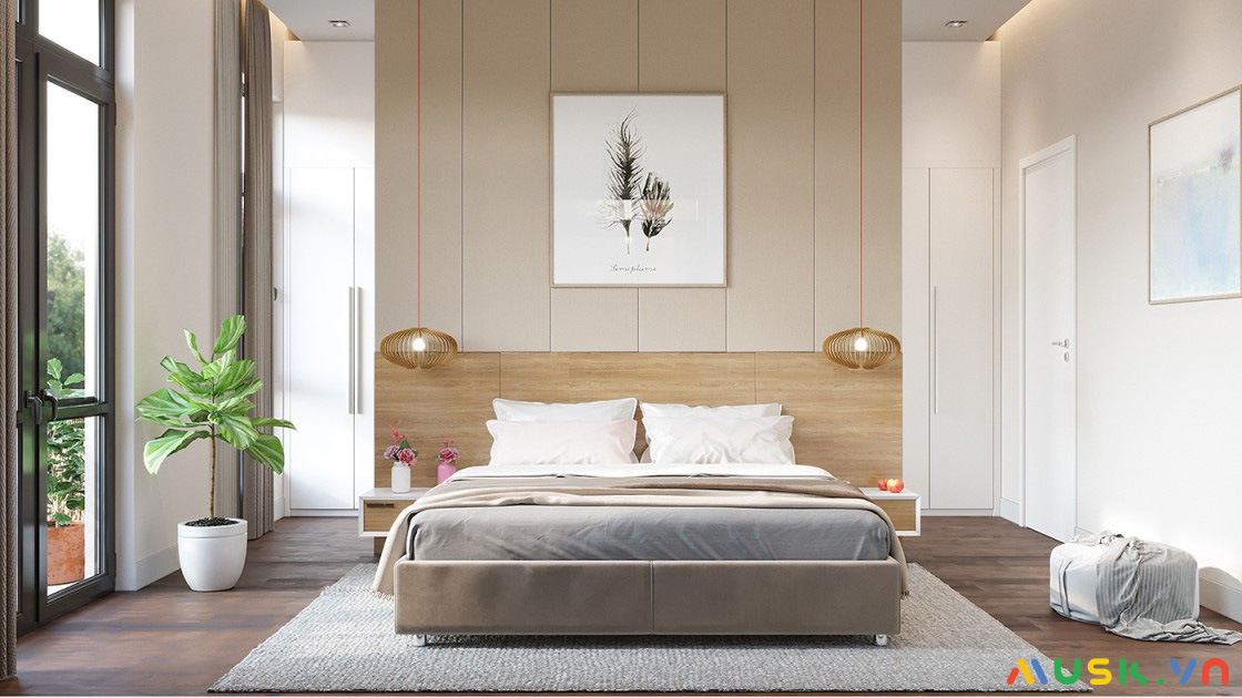 Mẫu phòng ngủ phong cách nội thất minimalist trang trí đèn ngủ nổi bật