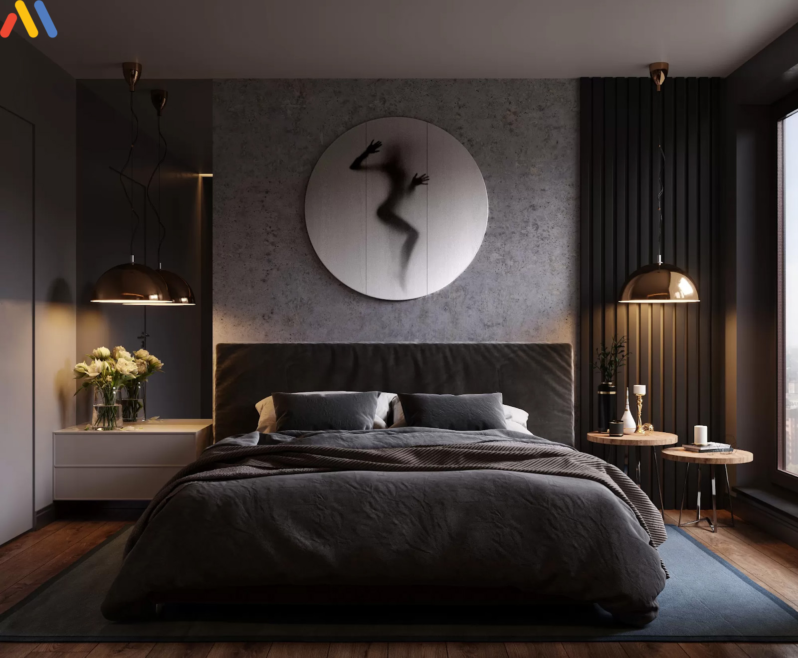 Phòng ngủ 25m2 gam màu đen cho gia chủ ưa thích sự cá tính, mới lạ