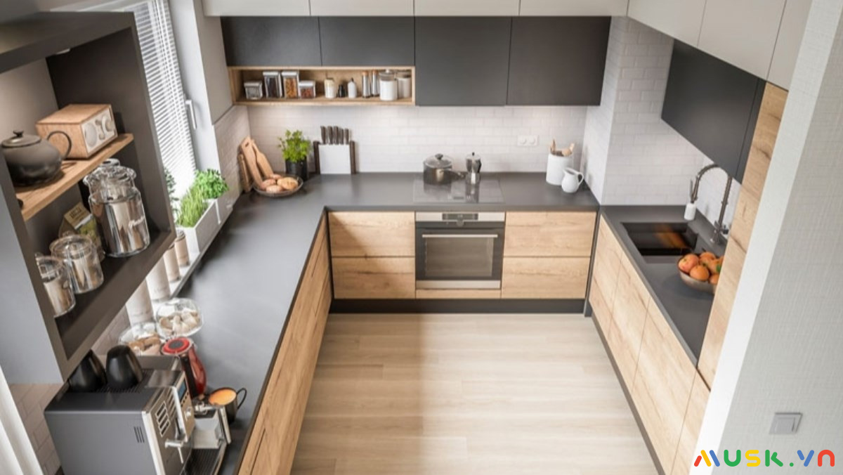 Thiết kế nhà bếp nhỏ gọn với tường lát đá xanh ngọc