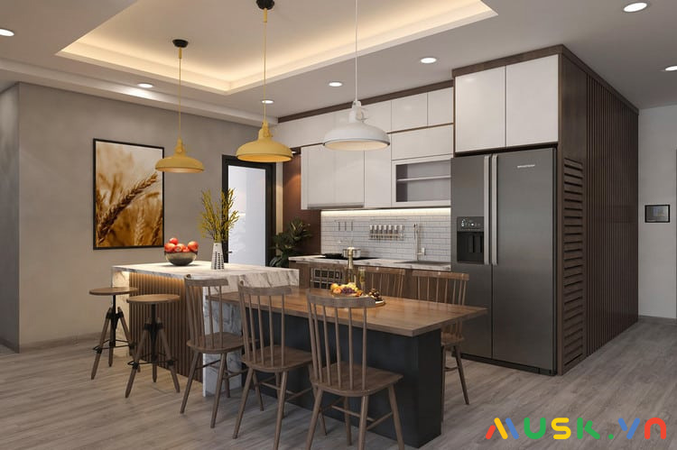 Thiết kế nội thất bếp chung cư kết hợp bàn ăn tiện dụng