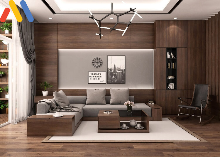 Thiết kế phòng khách với chất liệu gỗ tự nhiên