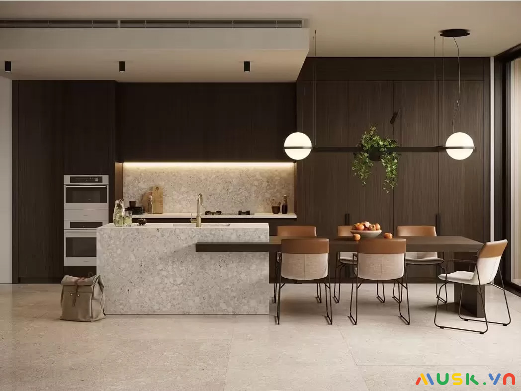 Thiết kế nội thất nhà bếp chung cư sử dụng bàn đảo tích hợp bàn ăn