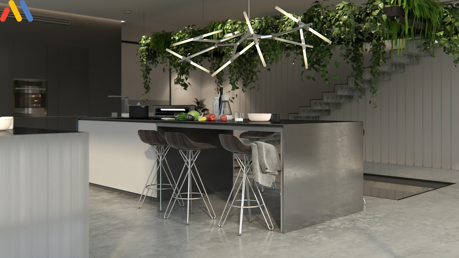 Phòng bếp hiện đại lung linh với thiết kế khung ghế bằng kim loại 3