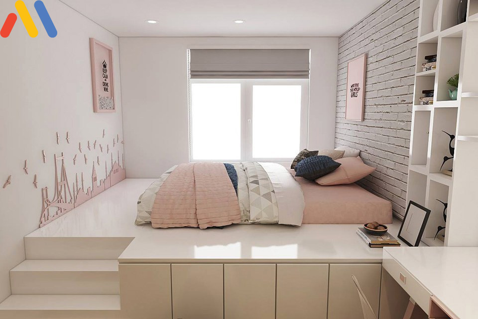 Phòng ngủ 16m2 tông hồng pastel dễ thương