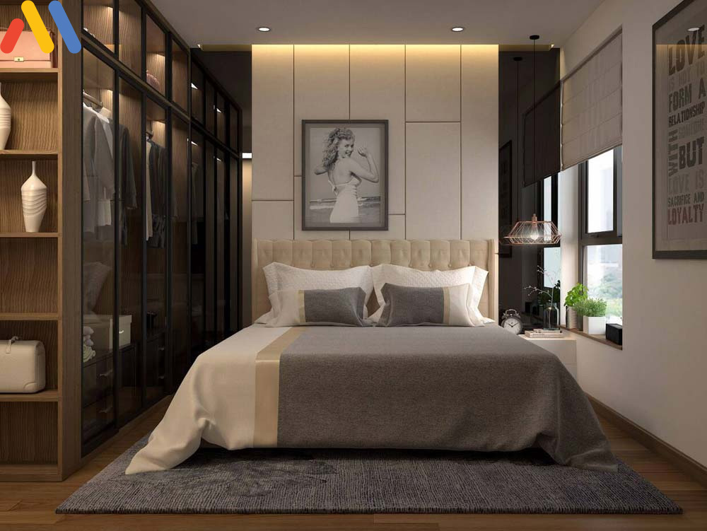 Phòng ngủ 17m2 sử dụng nội thất gỗ rộng rãi và tinh tế với gam màu trung tính