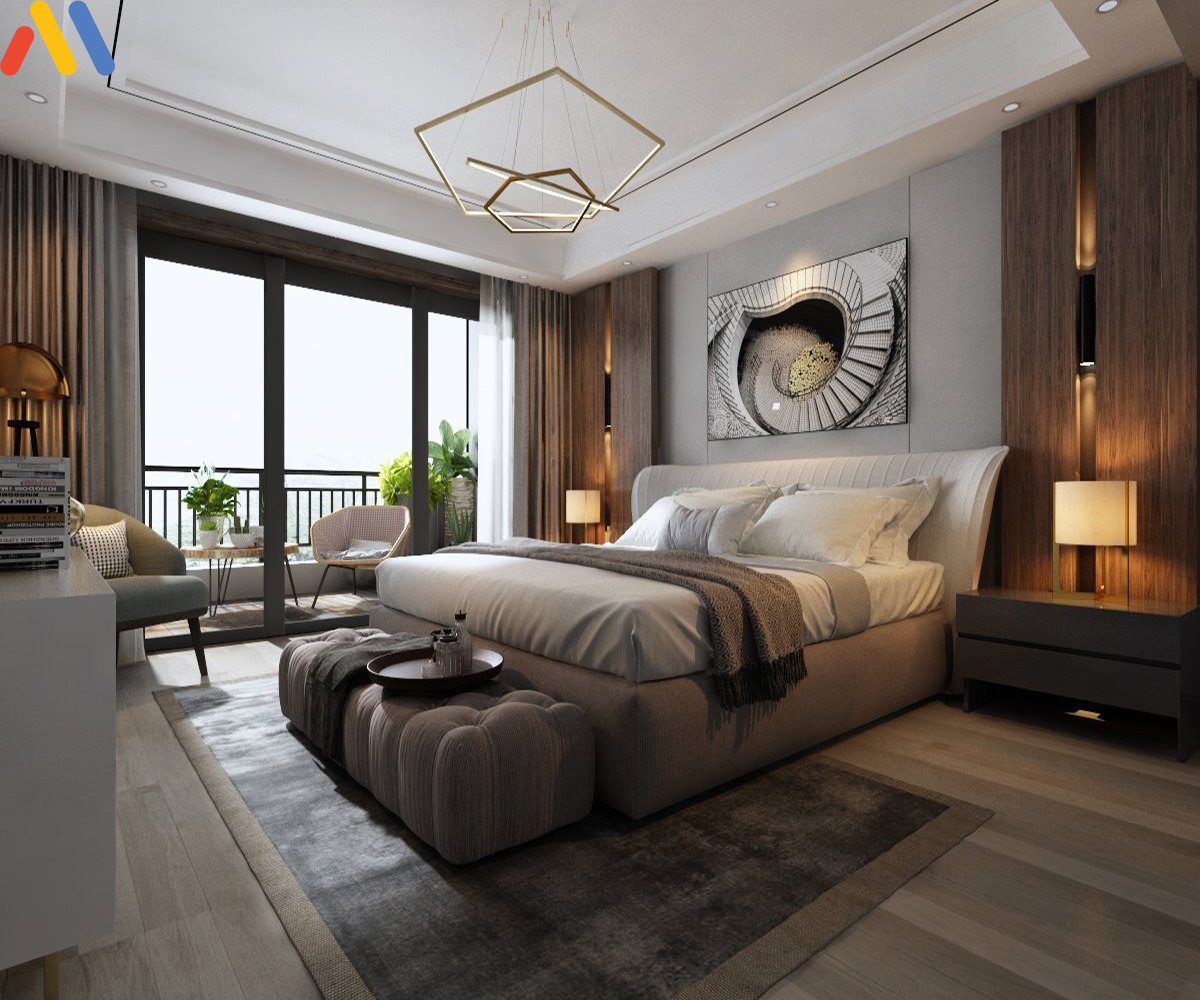 Thiết kế phòng ngủ diện tích 19m2 phong cách hiện đại với ban công nhỏ