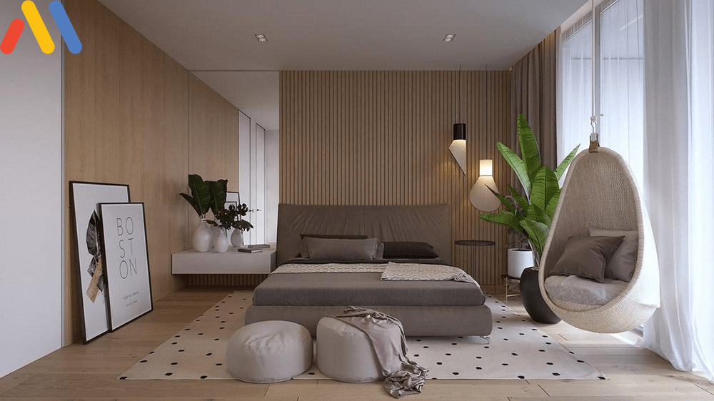 Phòng ngủ với tường vân gỗ thẳng, đơn giản, hiện đại