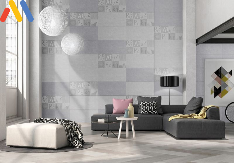 Phối màu gạch ốp tường với phòng khách hiện đại