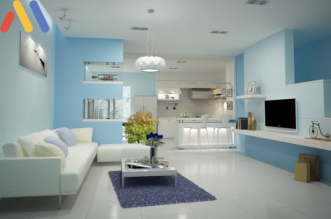 Chọn màu sơn nhà cho người mệnh thủy phối màu xanh da trời với xanh nhạt cho phòng khách