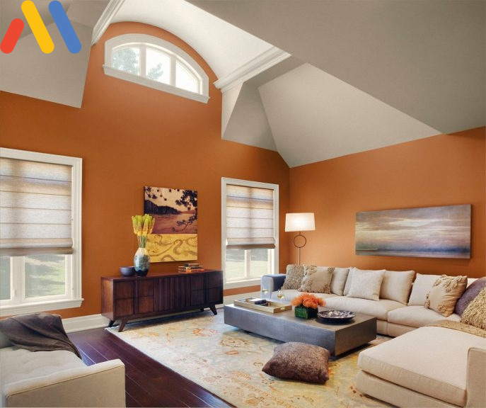 Sử dụng màu cam làm điểm nhấn cho không gian phòng khách