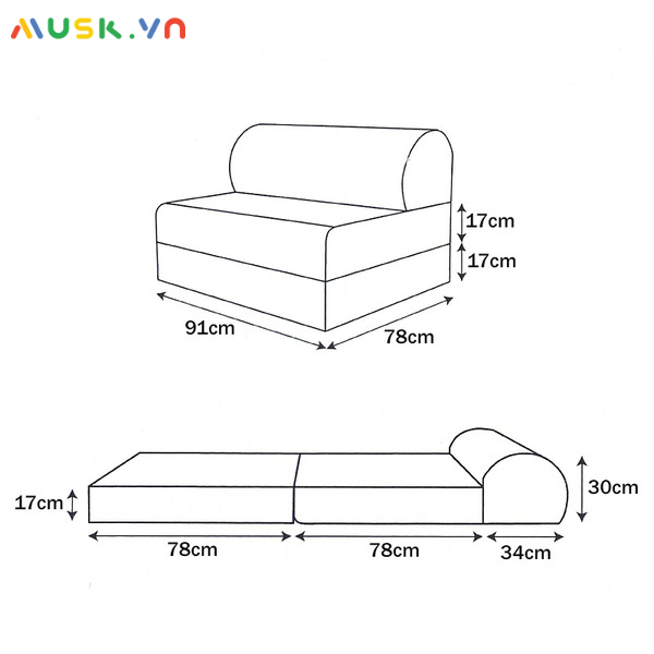 Ghế sofa giường có kích thước 1m2 và 1m4 