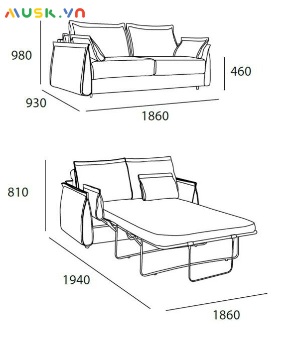 Kích thước ghế sofa giường băng đôi