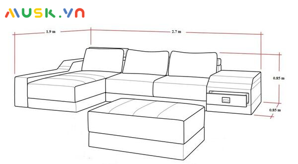 Kích thước ghế sofa gỗ chữ L loại trung bình