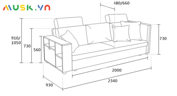 Kích thước ghế sofa văng gỗ 3 chỗ ngồi