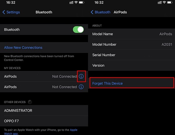 Lựa chọn quên thiết bị và kết nối Bluetooth lại trên iPhone
