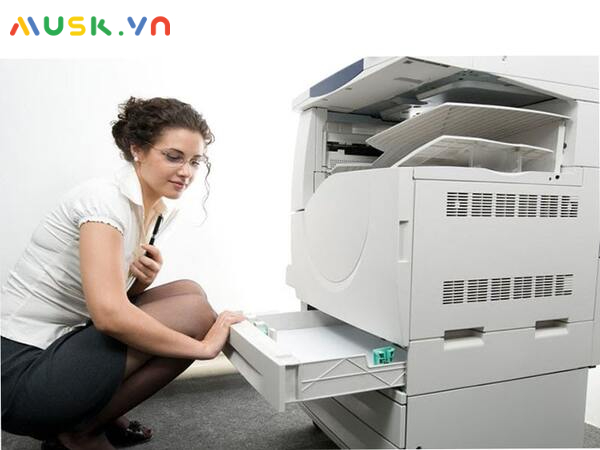 Thao tác trong ngăn đựng giấy máy photocopy