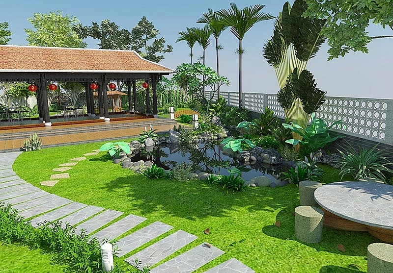 Mặt tiền nhà được thiết kế với sân vườn rộng rãi, tươi mát giúp gia chủ có không giãn thư giãn tuyệt vời