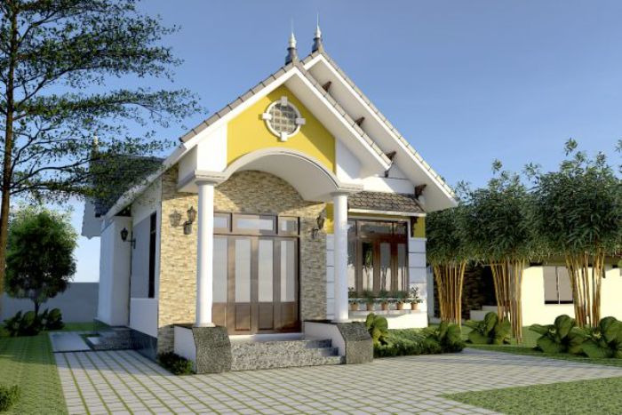 Ngôi nhà với gam trắng chủ đạo kết hợp với gạch ốp tường màu vàng. Khoảng sân rộng lát đá cao cấp góp phần nâng cấp diện mạo của tư gia