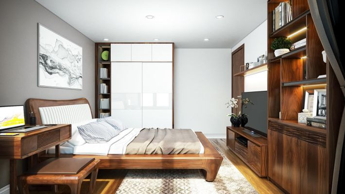 Phòng ngủ trầm tĩnh với nội thất gỗ