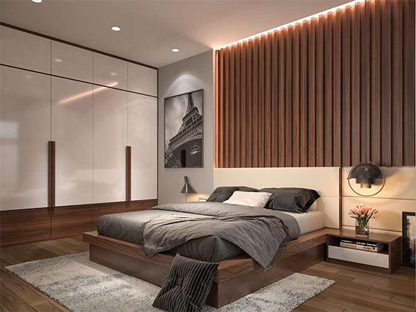 Gợi ý thiết kế nội thất phòng ngủ cho mẫu nhà cấp 4 8x15 tone màu trung tính