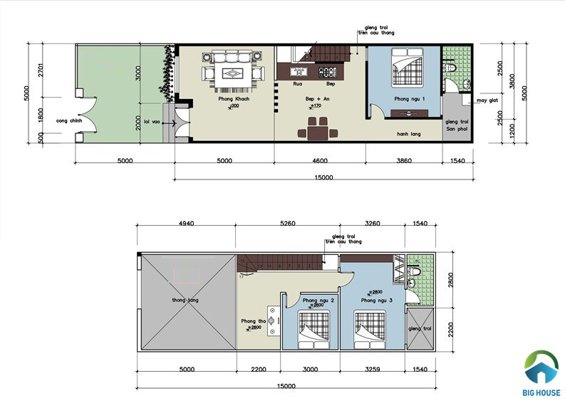 Bản vẽ mẫu nhà cấp 4 có gác lửng 5x12 với 3 phòng ngủ theo diện tích dọc