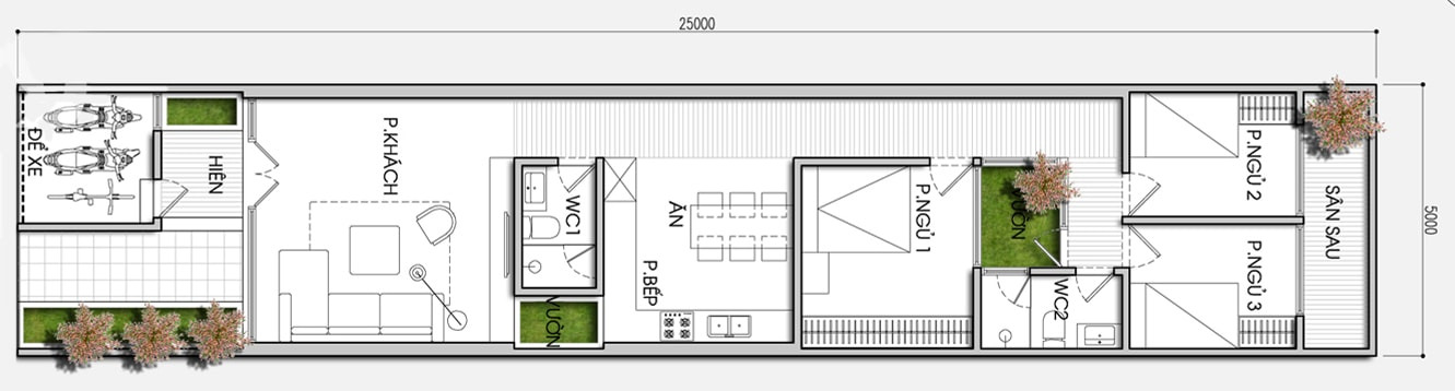 Thiết kế mẫu nhà trệt cấp 4 5x25 3 phòng ngủ