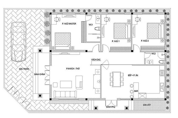 Mẫu bản vẽ nhà cấp 4 8x20 3 phòng ngủ mái lệch 1 tầng thứ hai