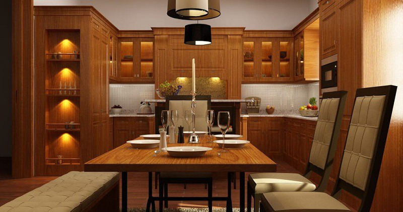 Phòng bếp trầm ấn với nội thất gỗ