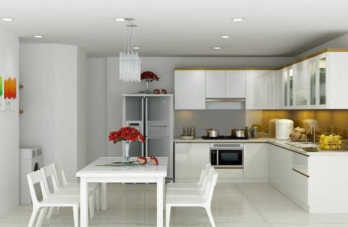Tông màu trắng mang đến cảm giác sang trọng cho không gian phòng ăn và bếp