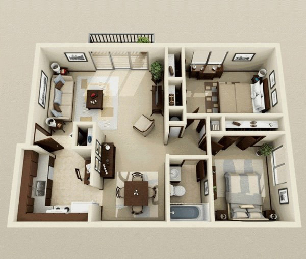 Mặt bằng 3D bố trí nội thất 2 phòng ngủ, 1 phòng khách, 1 phòng ăn +bếp