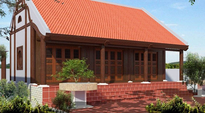 Nhà cấp 4 lợp mái ngói đỏ với kiến trúc cổ truyền Châu Á