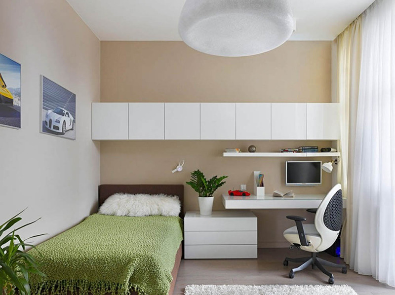 Phòng ngủ nhỏ được thiết kế gam màu xanh tươi mát, đầy đủ tiện nghi