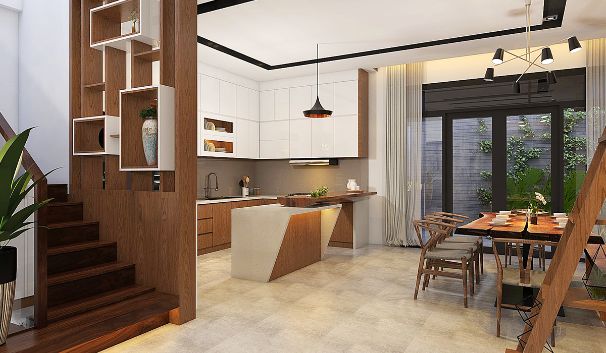 Nội thất phòng bếp chủ yếu bằng gỗ cho nhà phố mặt tiền 8m