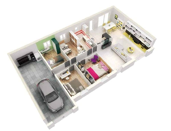 Mẫu thiết kế nhà ống 1 tầng đẹp 3 phòng ngủ có bãi để xe ô tô tiện lợi