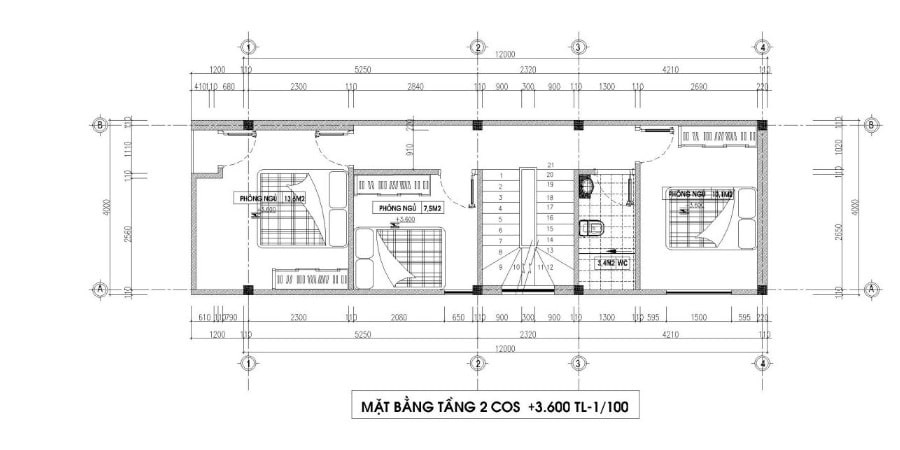 Mặt bằng tầng 2 mẫu nhà dạng ống 4x15m bao gồm 3 phòng ngủ rộng lớn