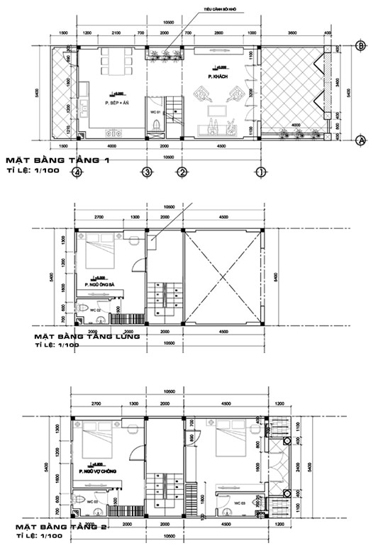 Mặt bằng tầng 1, 2 và tầng lửng nhà 2 tầng 5mx10m có gác lửng